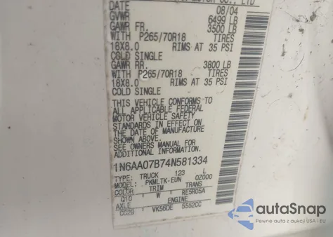 2004 Nissan Titan Se из США, поврежденный, VIN 1N6AA07B74N581334